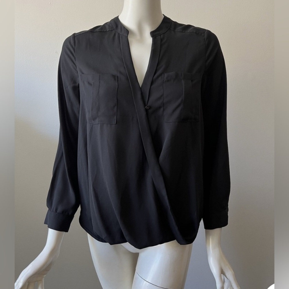 Maeve Anthropologie Black V-Neck Faux Wrap Polyester Shirt Blouse